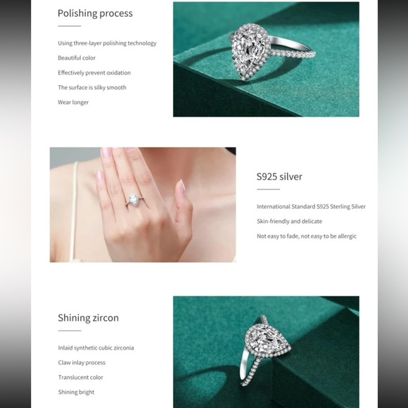 Sterling Silver Cubic Zirconia Water-drop Wedding/Engagement ring/promise ring - Picture 7 of 7